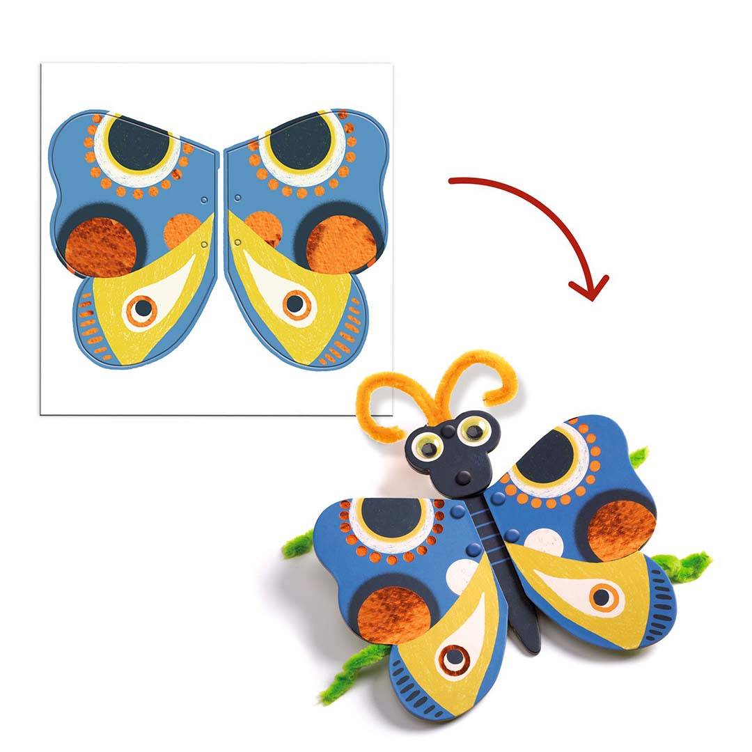 Demonstratie van het maken van een vlinder met de Djeco knutselset, van platte vorm naar 3D-figuur.