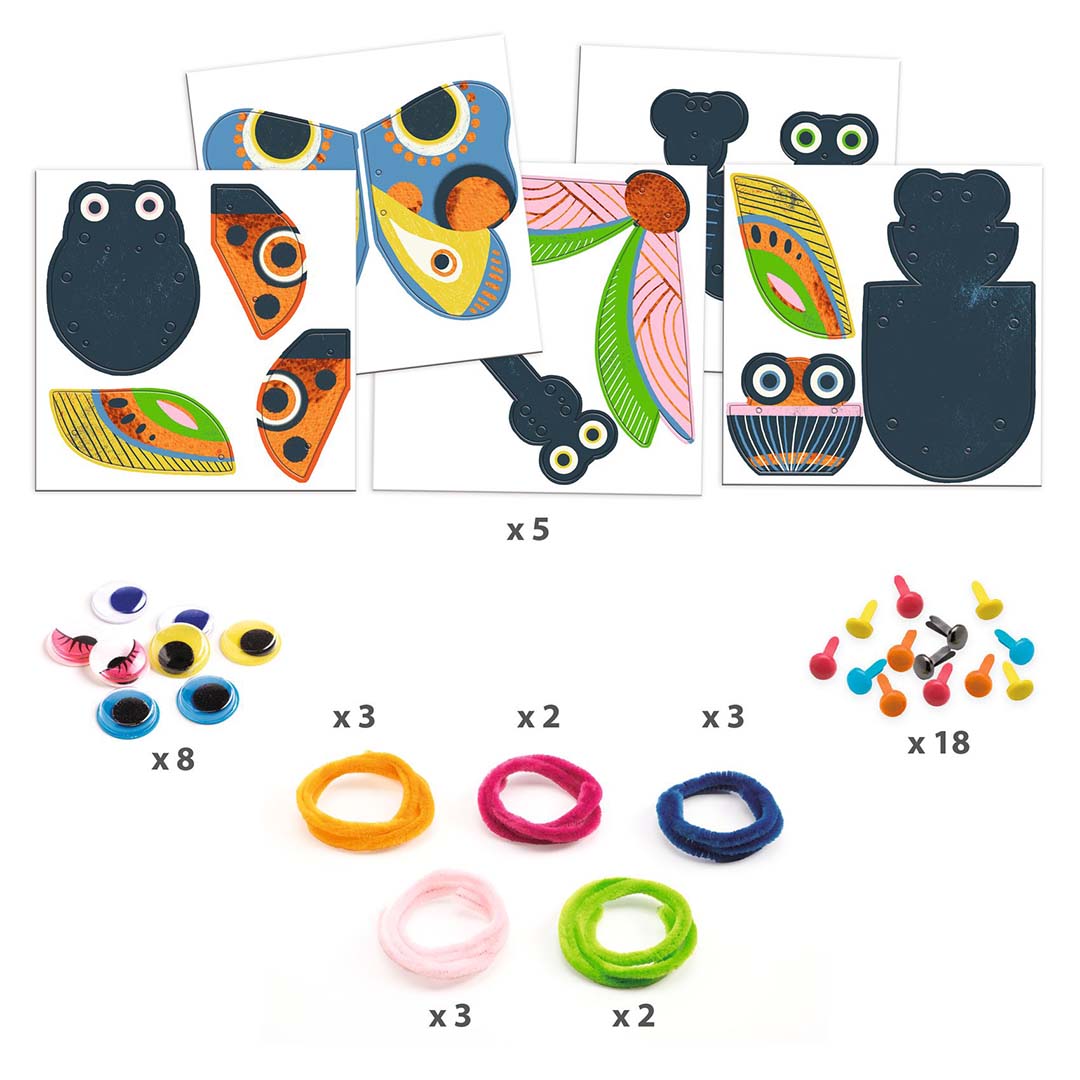 Alle onderdelen van de Djeco knutselset 'Yarn Bugs' uitgestald, inclusief kartonnen vormen, wiebelogen en chenilledraad.