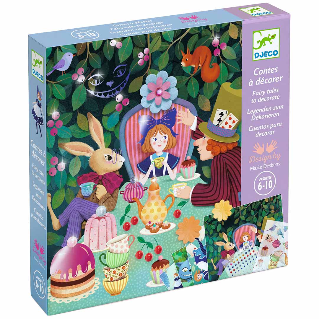Djeco knutselset 'Contes à décorer' verpakking met een illustratie van een theekransje in Wonderland.