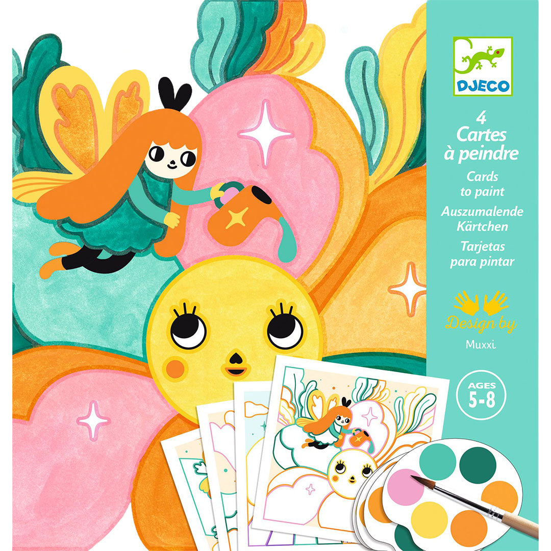Verpakking van de Djeco knutselset schilderspalet Magical Garden met een meisje dat een bloemfiguur water geeft.