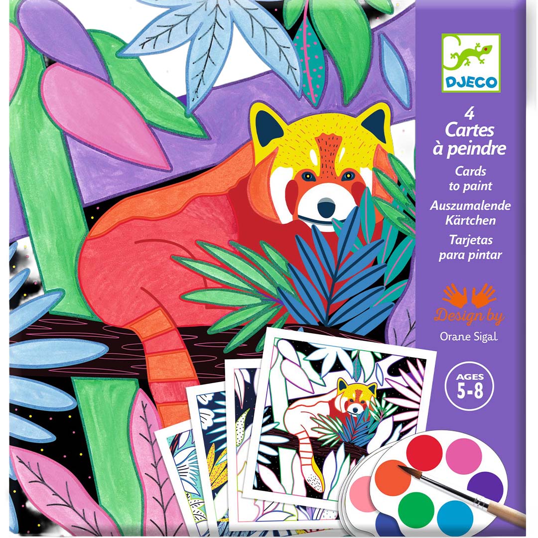 Djeco knutselset verpakking met een rode panda in de jungle en een verfpalet, geschikt voor kinderen van 5-8 jaar.