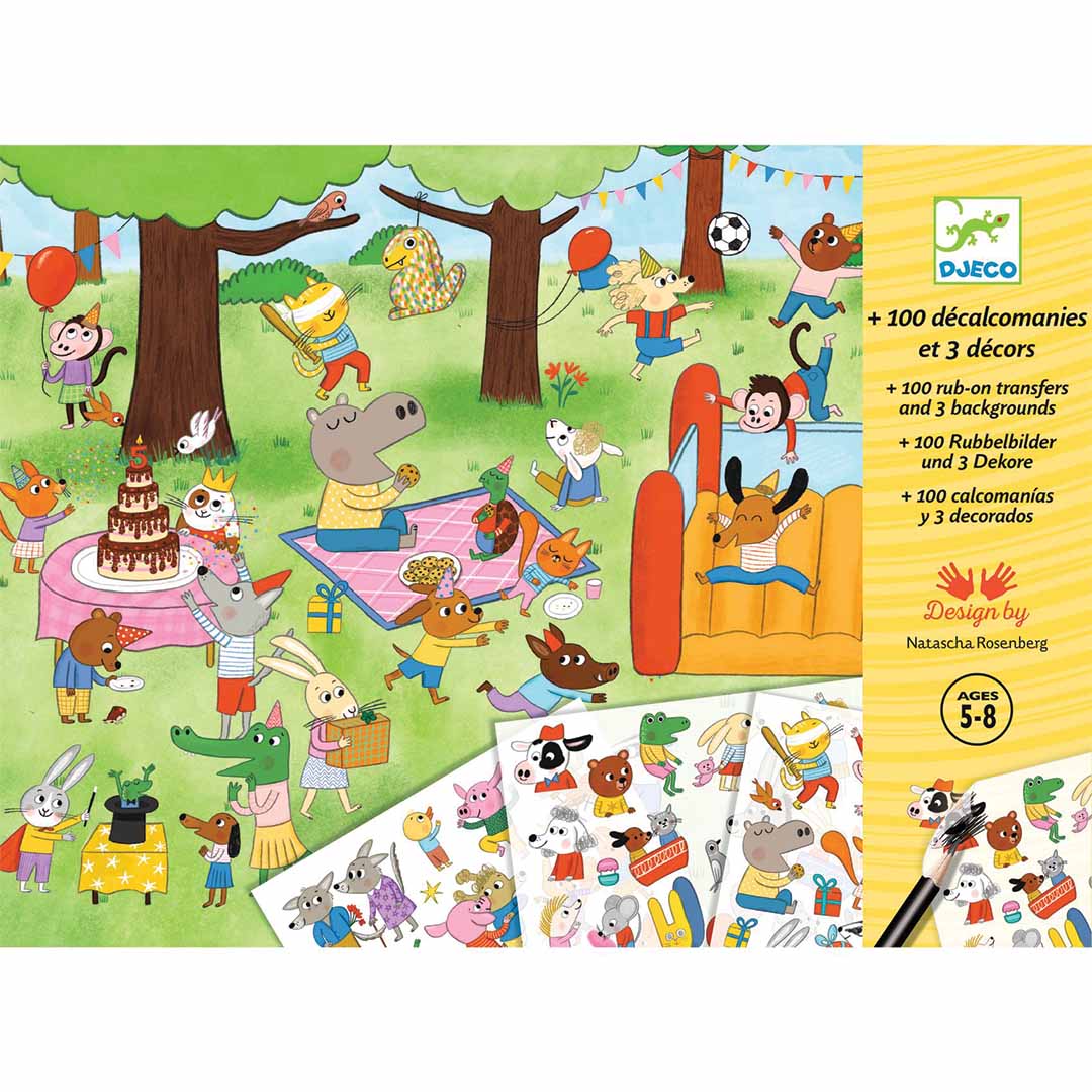 Djeco knutselset transferstickers Party Time verpakking met feestende dieren in een park en stickervellen.