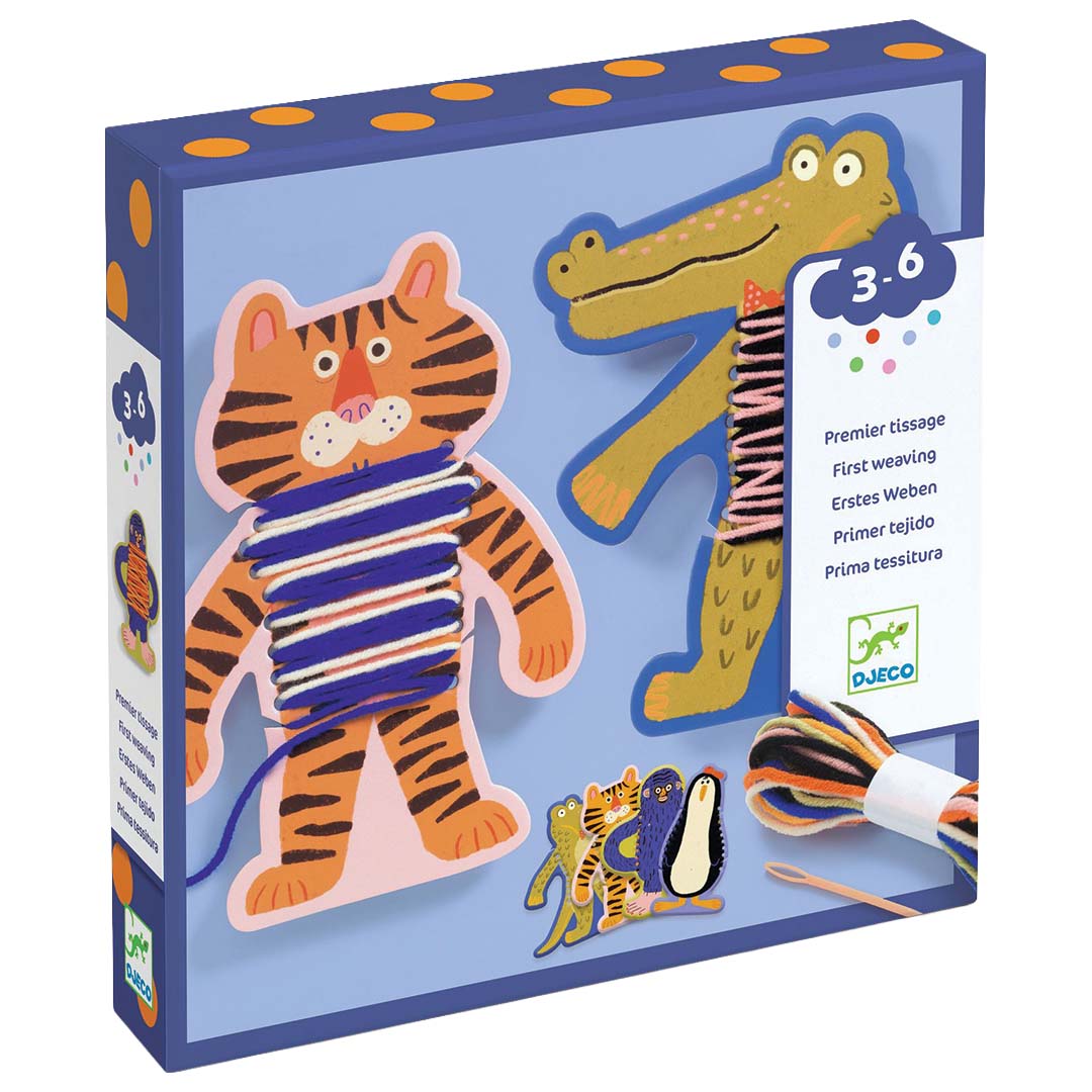 Djeco knutselset weven dieren truien, verpakking met een tijger en krokodil met geweven kleding.