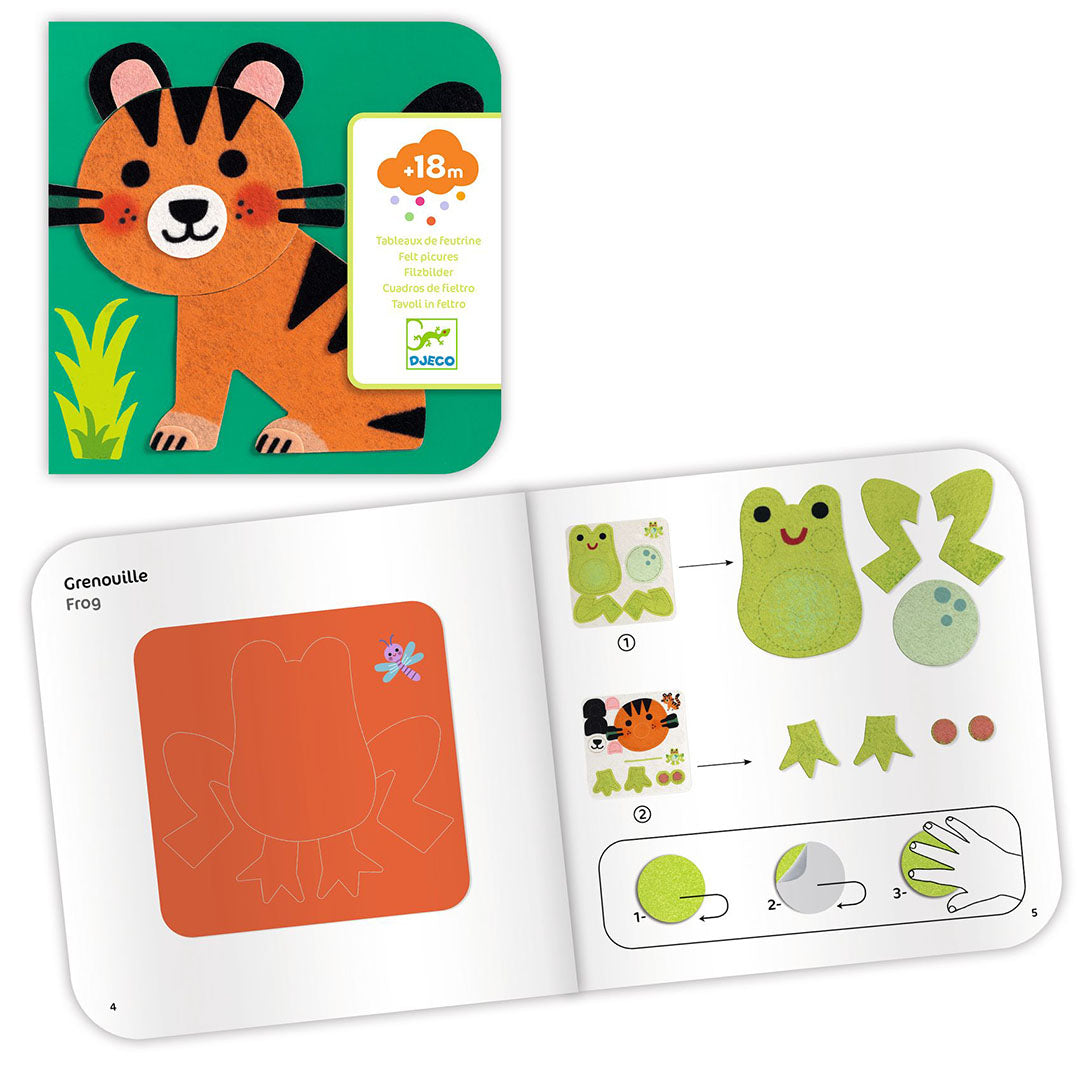 Djeco knutselset zachte dieren met de verpakking en een open instructieboekje voor het maken van een kikker.