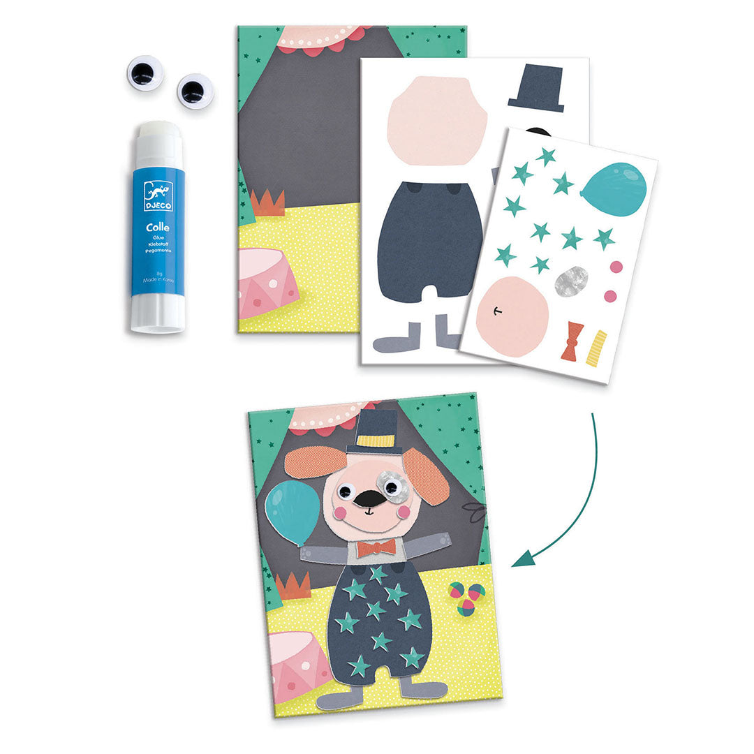 Materialen voor een Djeco knutselproject met een hond in circusoutfit, inclusief wiebelogen en lijm.
