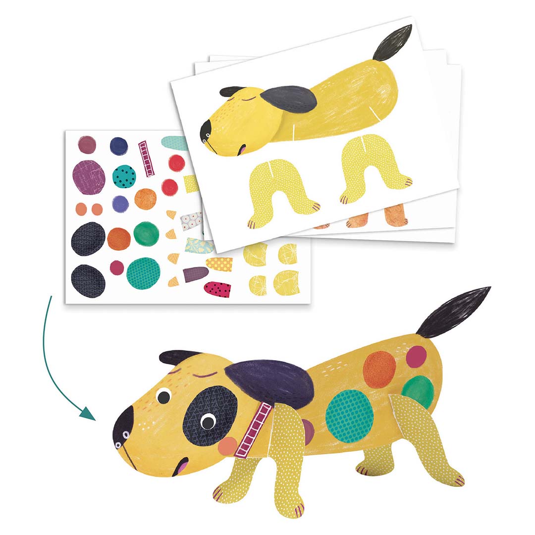 Materialen voor een Djeco knutselproject met een gele hond die versierd wordt met kleurrijke stippenstickers.