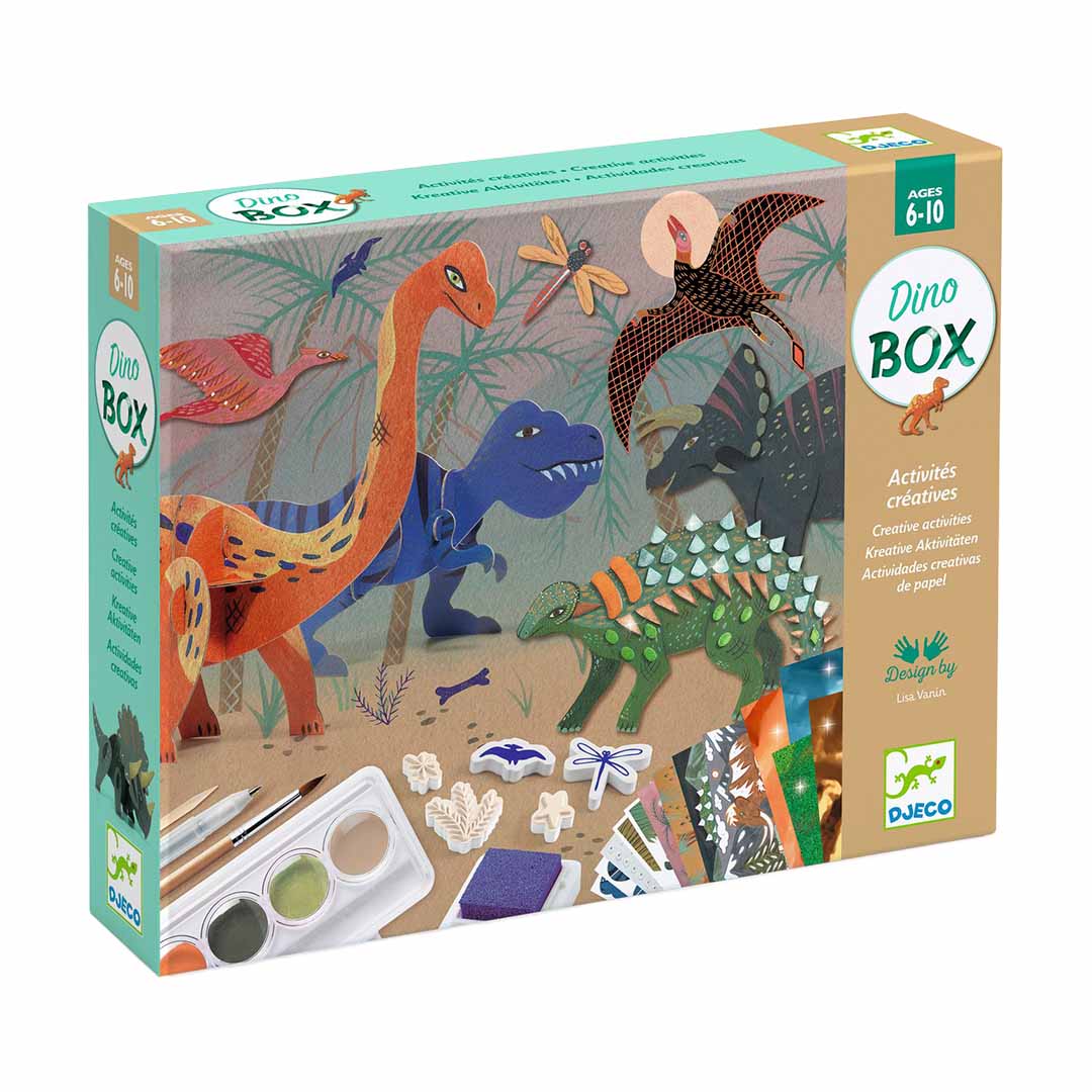 Djeco Dino Box knutselset verpakking met illustraties van dinosaurussen en knutselmaterialen.