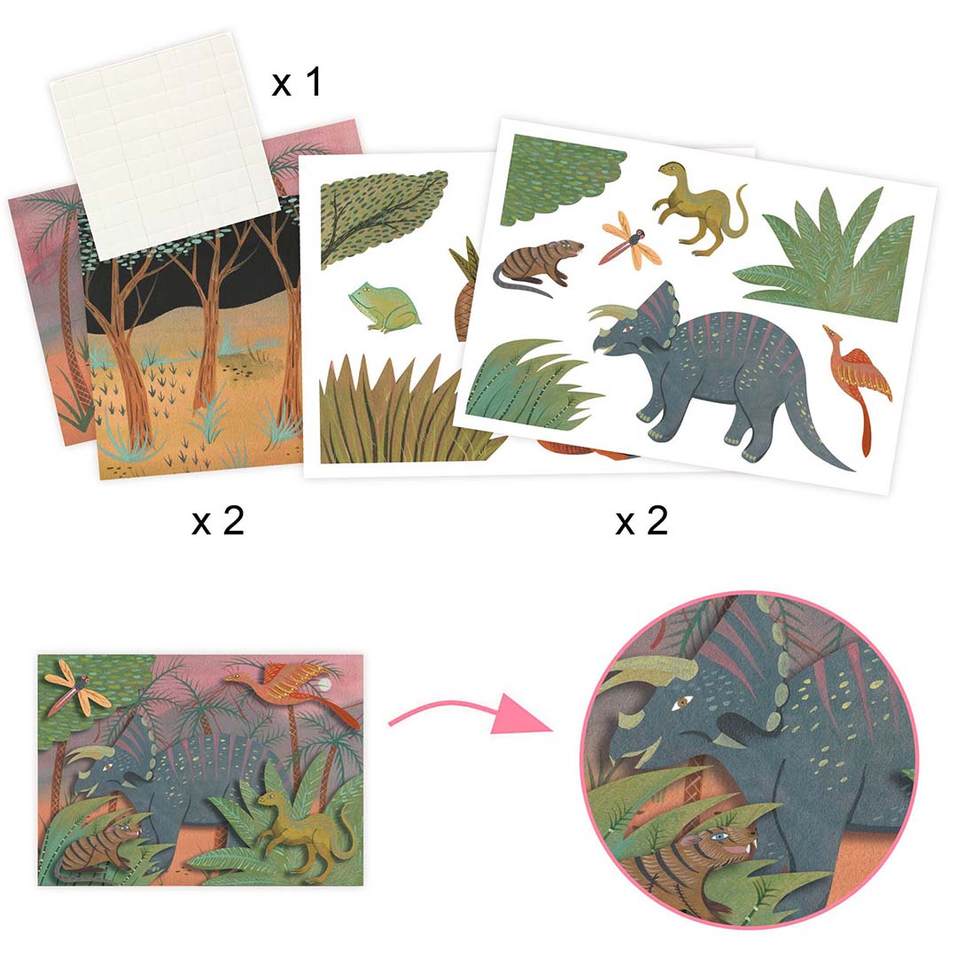 Demonstratie van een collage-activiteit met vellen papier, uitgestanste dinosaurussen en een afgewerkte gelaagde dinoscène.