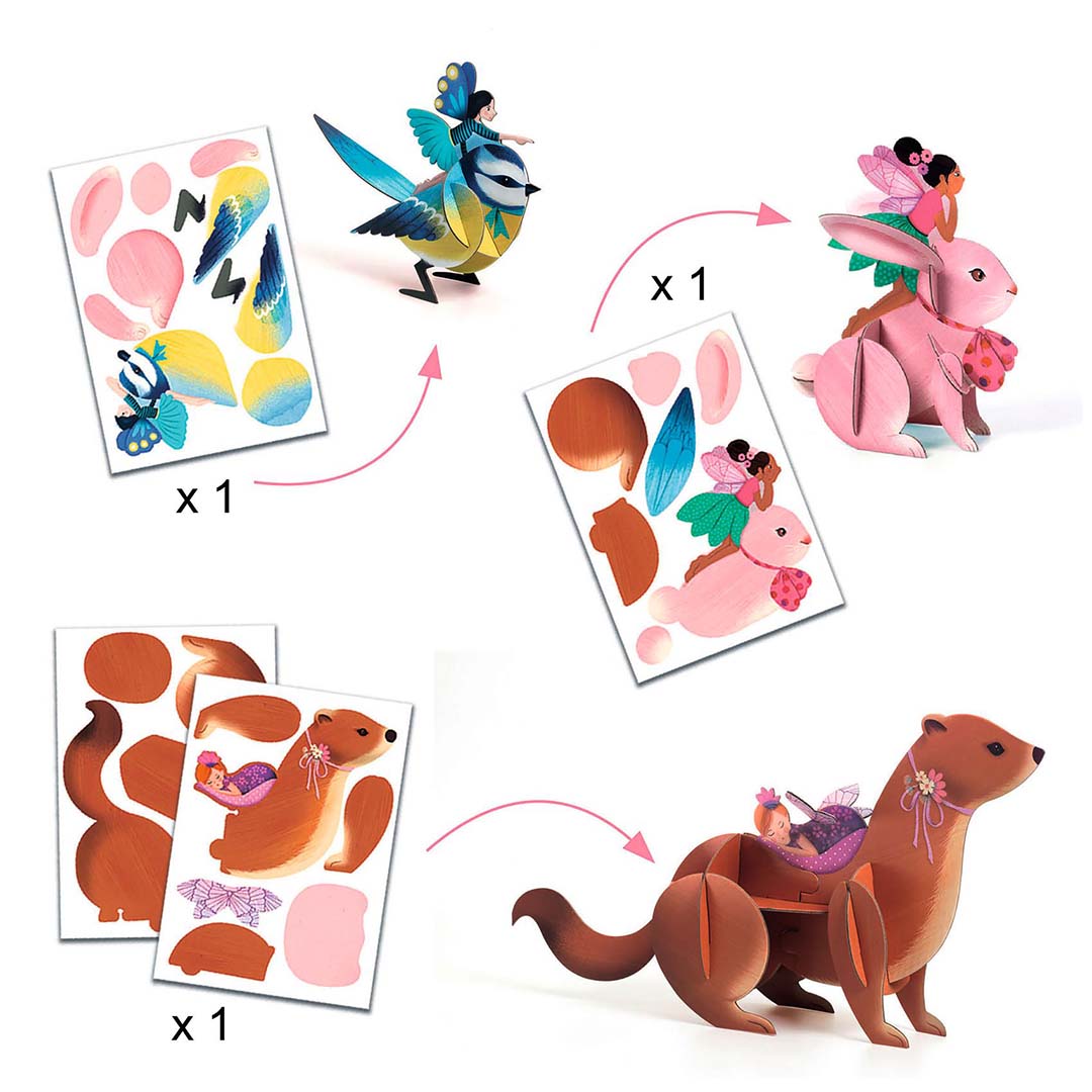 Infographic van de Djeco knutselset die toont hoe de kartonnen elfjes en dierenfiguren worden geassembleerd.