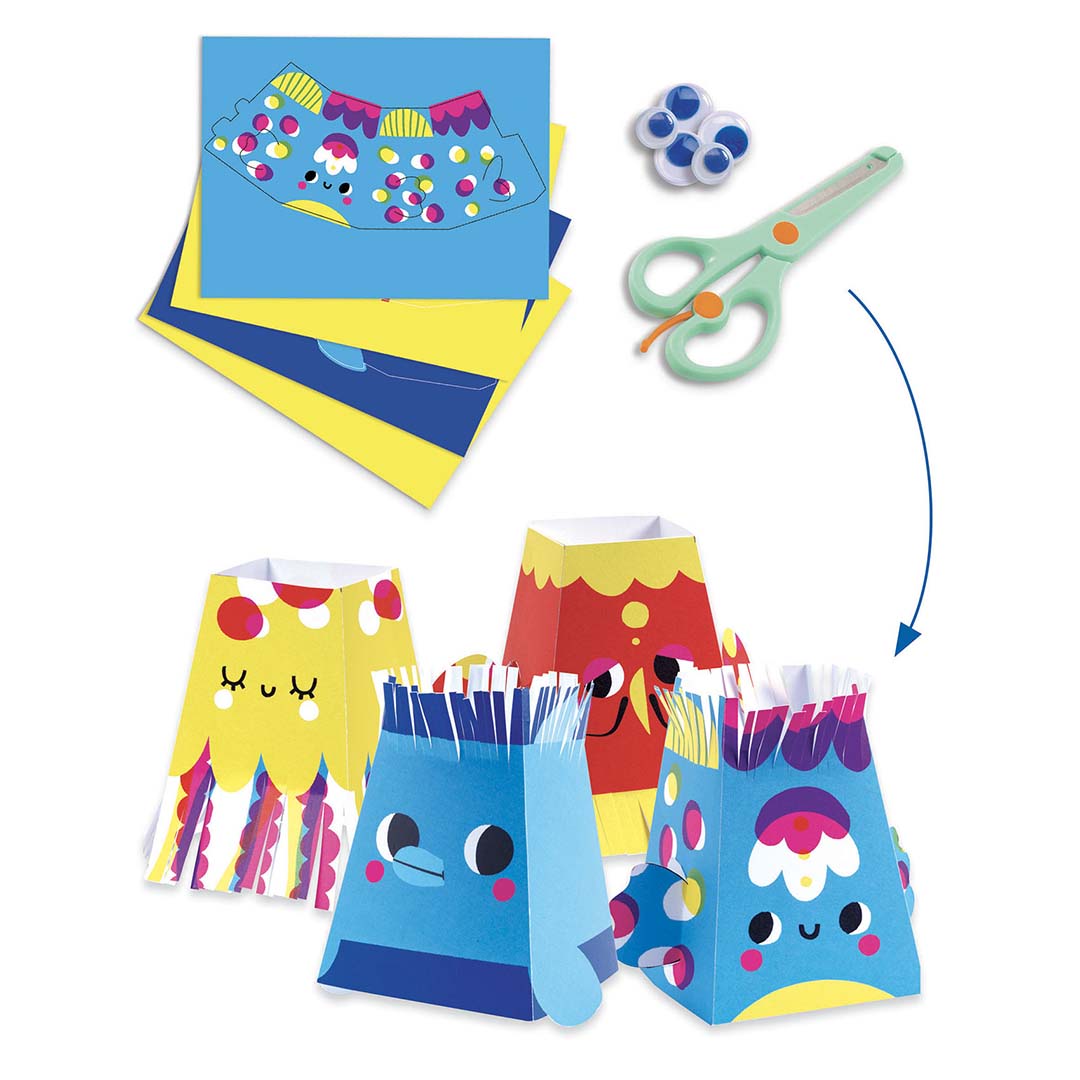Een demonstratie van de Djeco knutselset met materialen voor het maken van vier kleurrijke papieren zeemonsters.