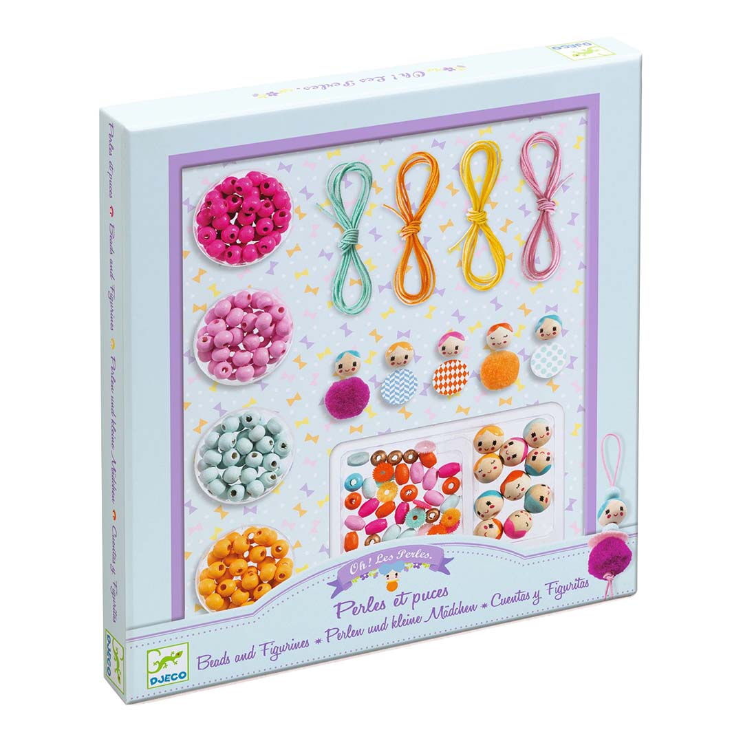 Djeco kralenset voor het maken van sieraden met meisjesfiguren, getoond op de verpakking.