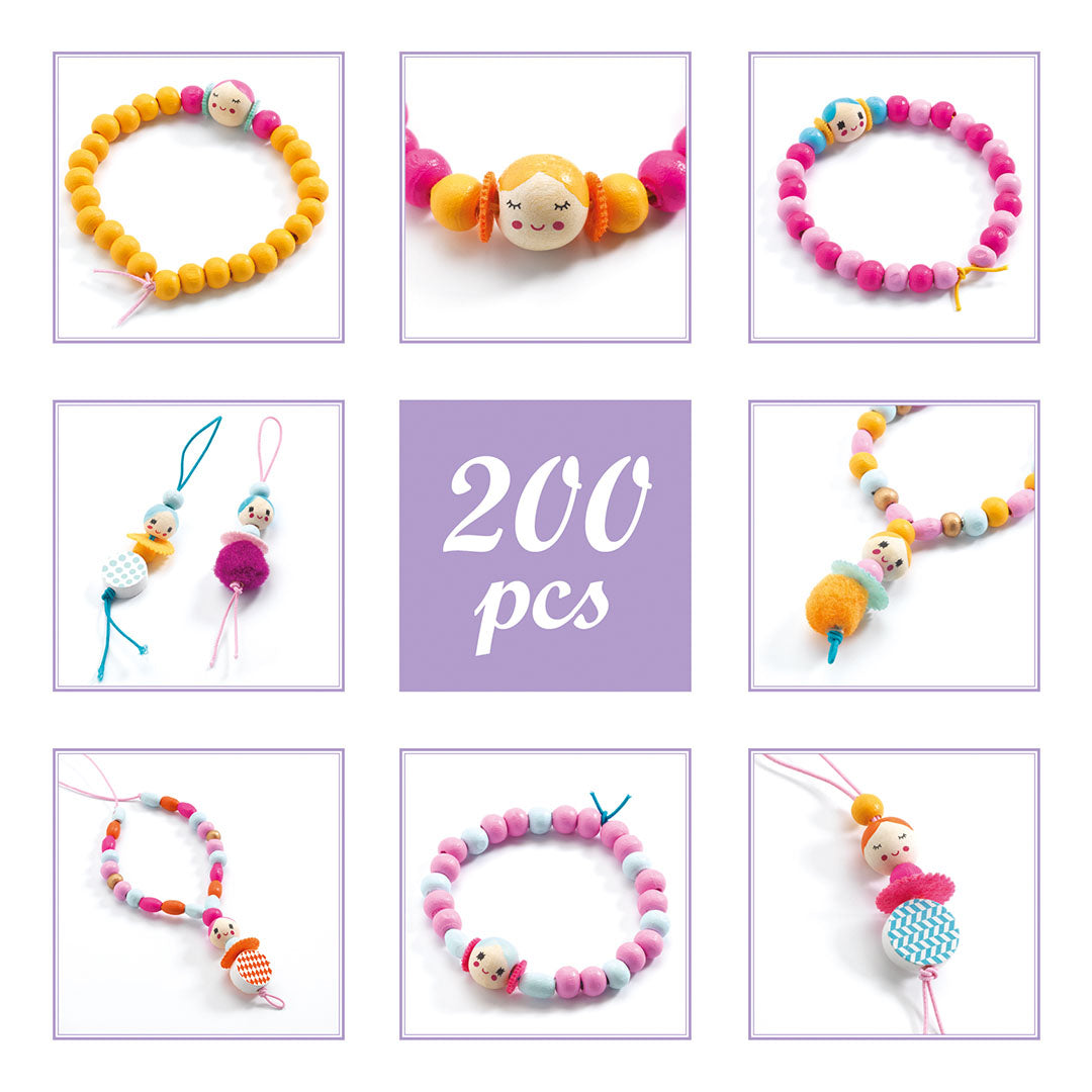Infographic met negen vakken die verschillende gemaakte sieraden met kralen en meisjesfiguren tonen, met in het midden de tekst '200 pcs'.
