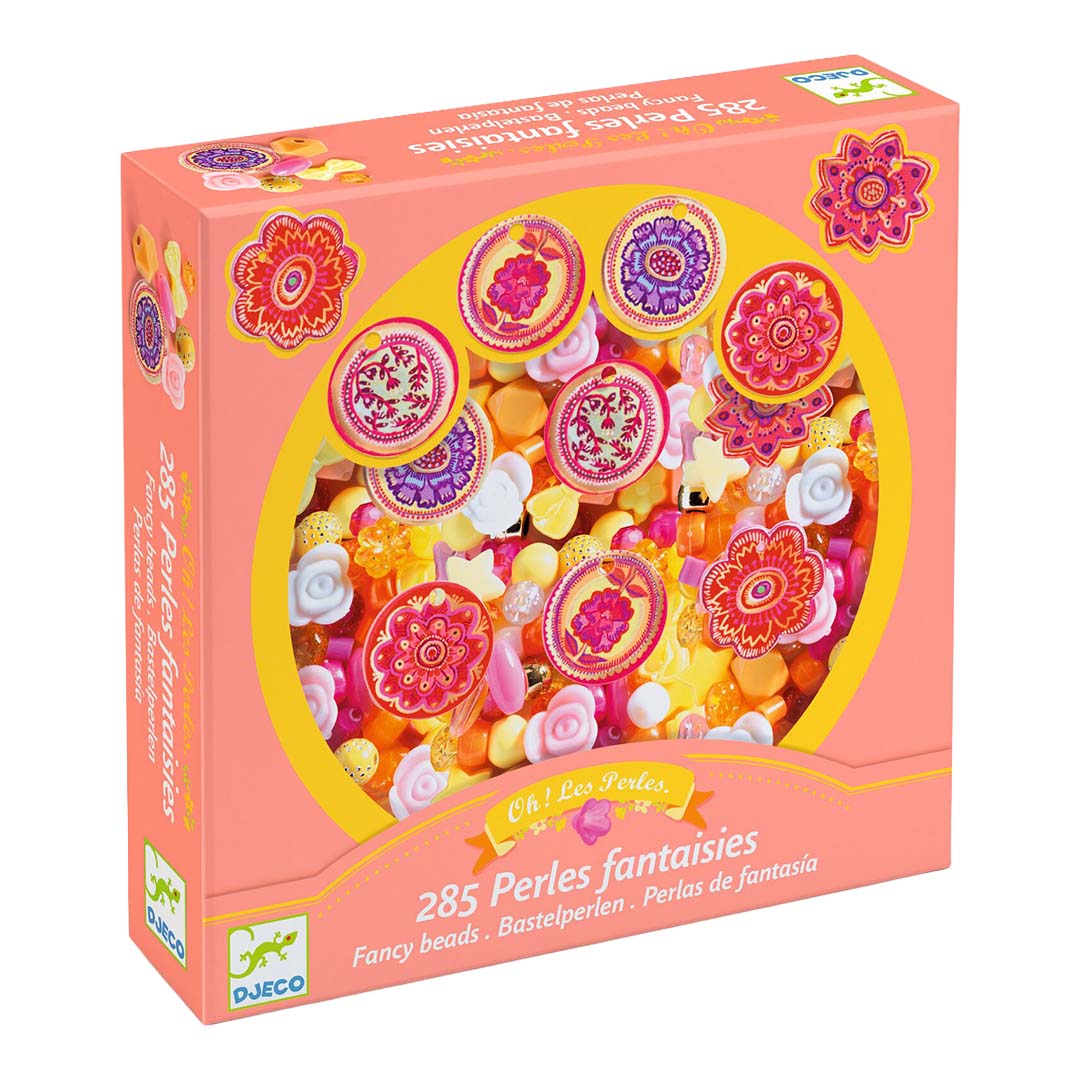 Djeco kralenset bloemen verpakking met een venster dat kleurrijke kralen en bedels toont.