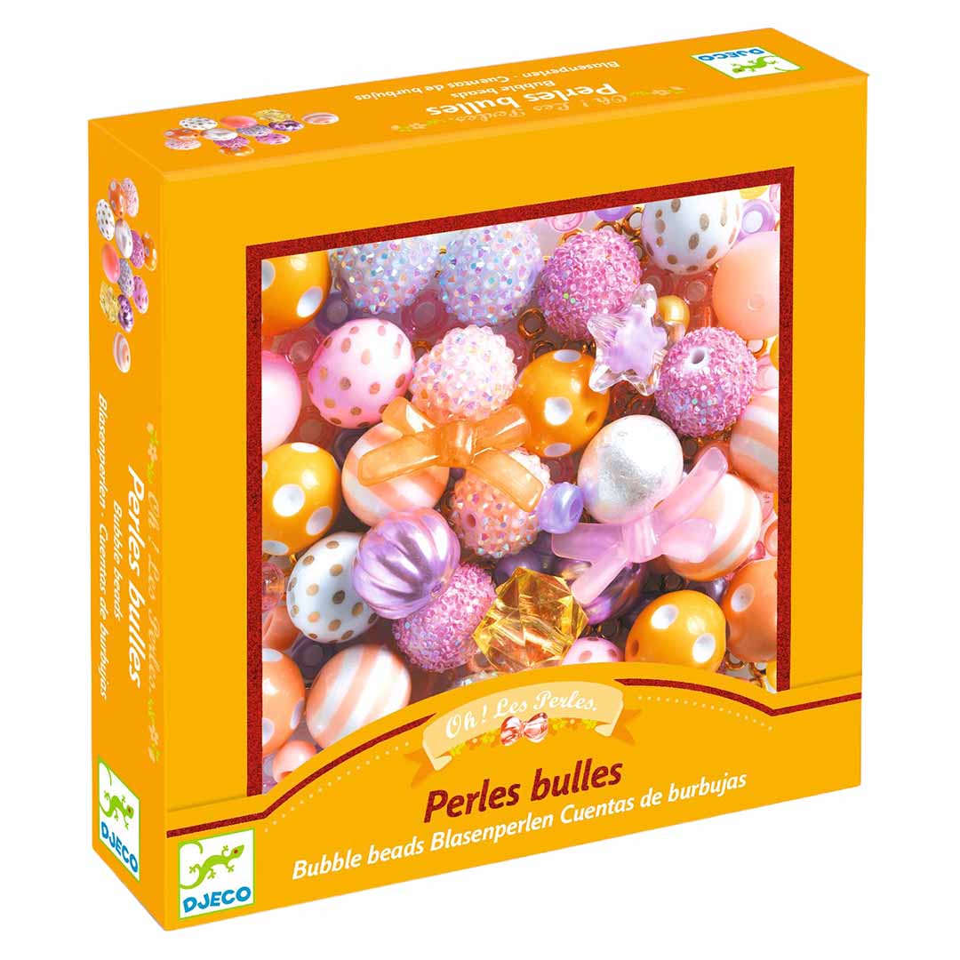 Djeco kralenset 'Perles bulles' verpakking met een venster dat kleurrijke kralen toont.