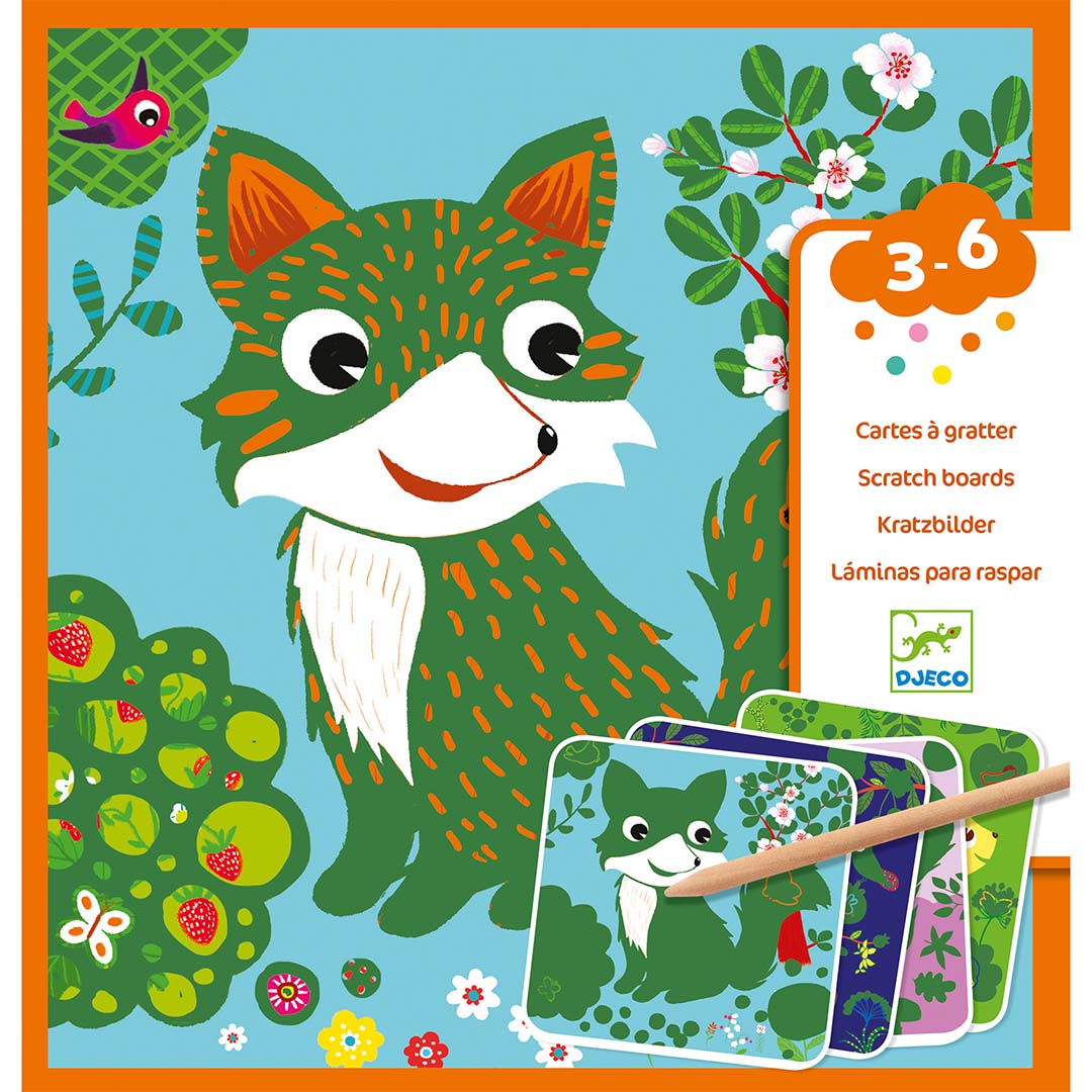 Djeco kraskaarten verpakking met een groene vos en bosdieren thema.