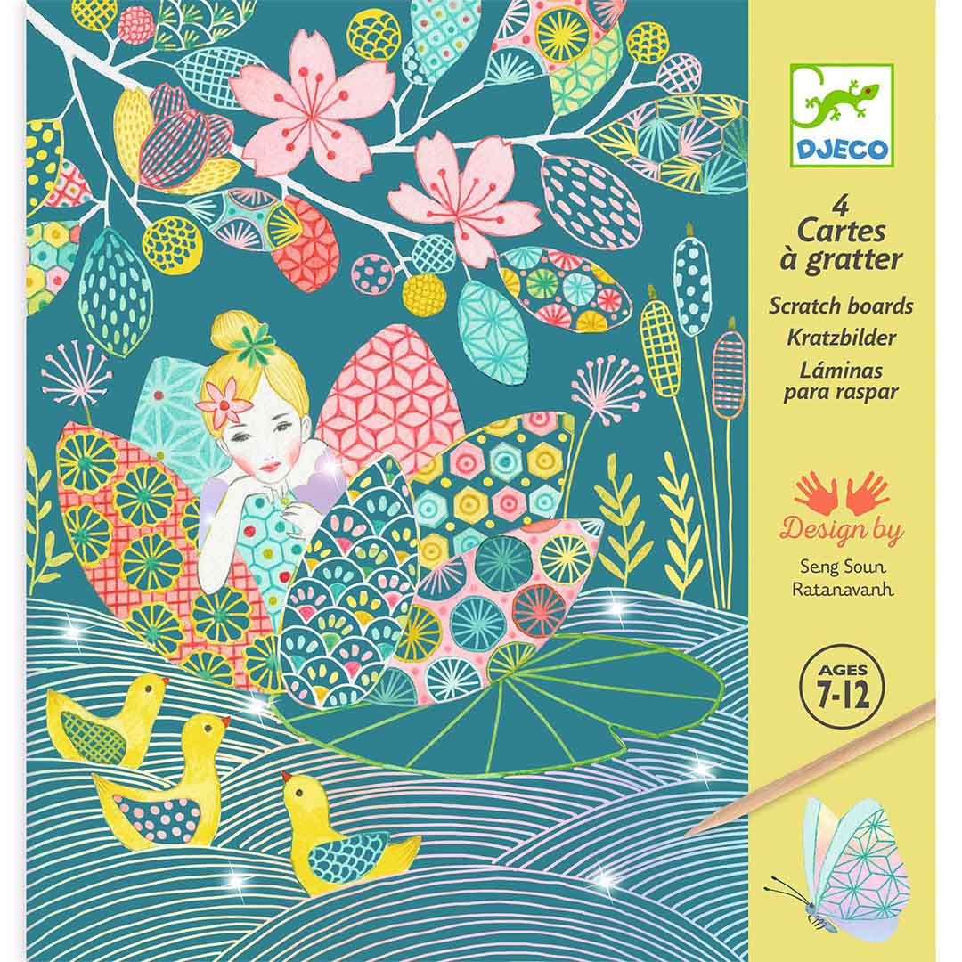 Djeco kraskaarten verpakking met een illustratie van een fee, eenden en bloemen in een vijverthema.
