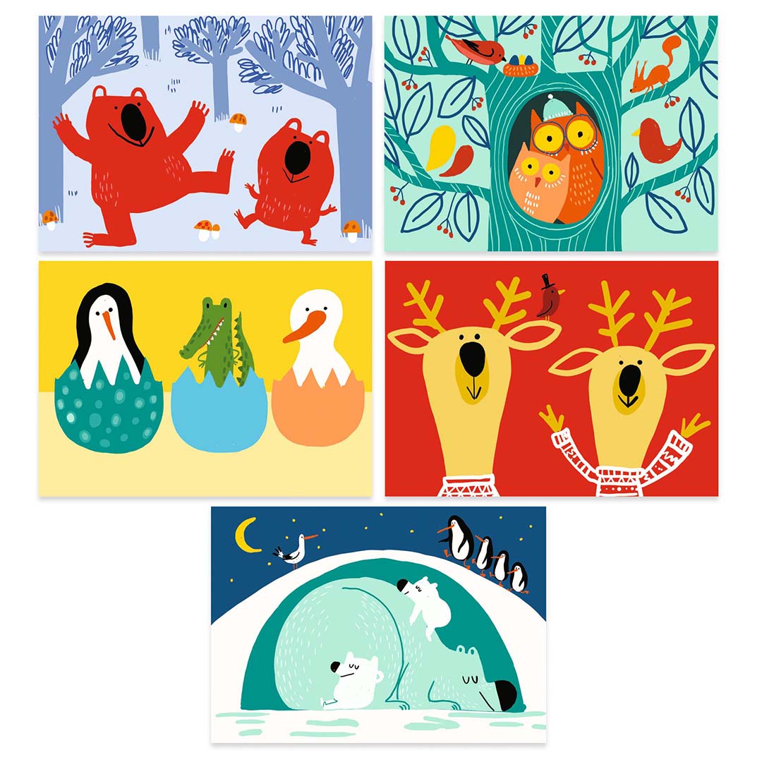 Vijf Djeco kraskaarten met verschillende dierenillustraties, waaronder beren, uilen, pinguïns en rendieren.