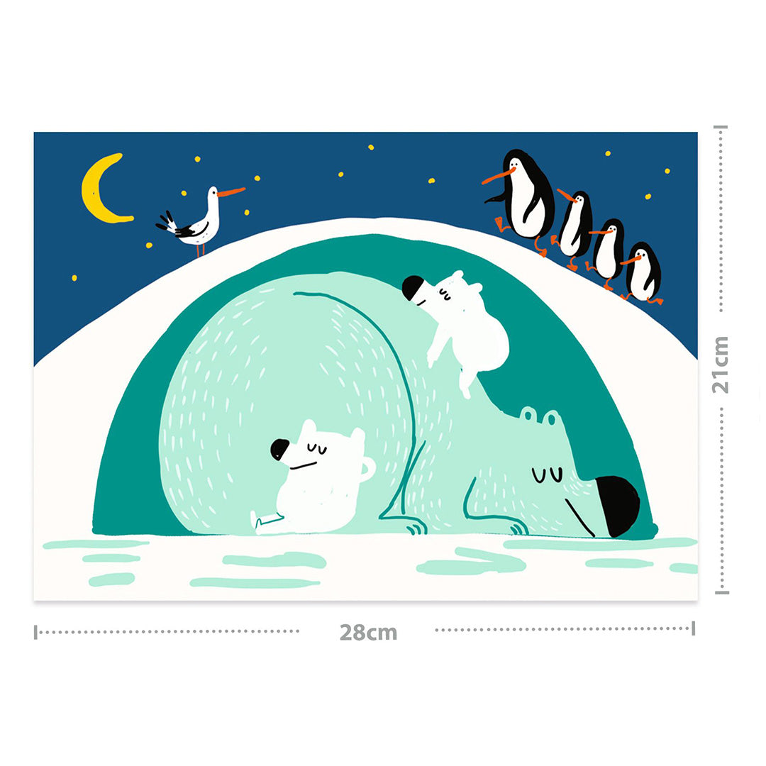 Een Djeco kraskaart met een slapende ijsbeerfamilie en pinguïns, inclusief de afmetingen van 28 bij 21 cm.