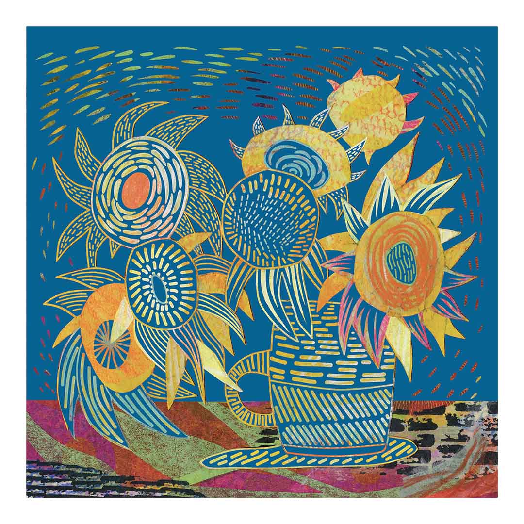Detail van een voltooide kraskaart met een vaas vol zonnebloemen in een kleurrijke, abstracte Van Gogh-stijl.