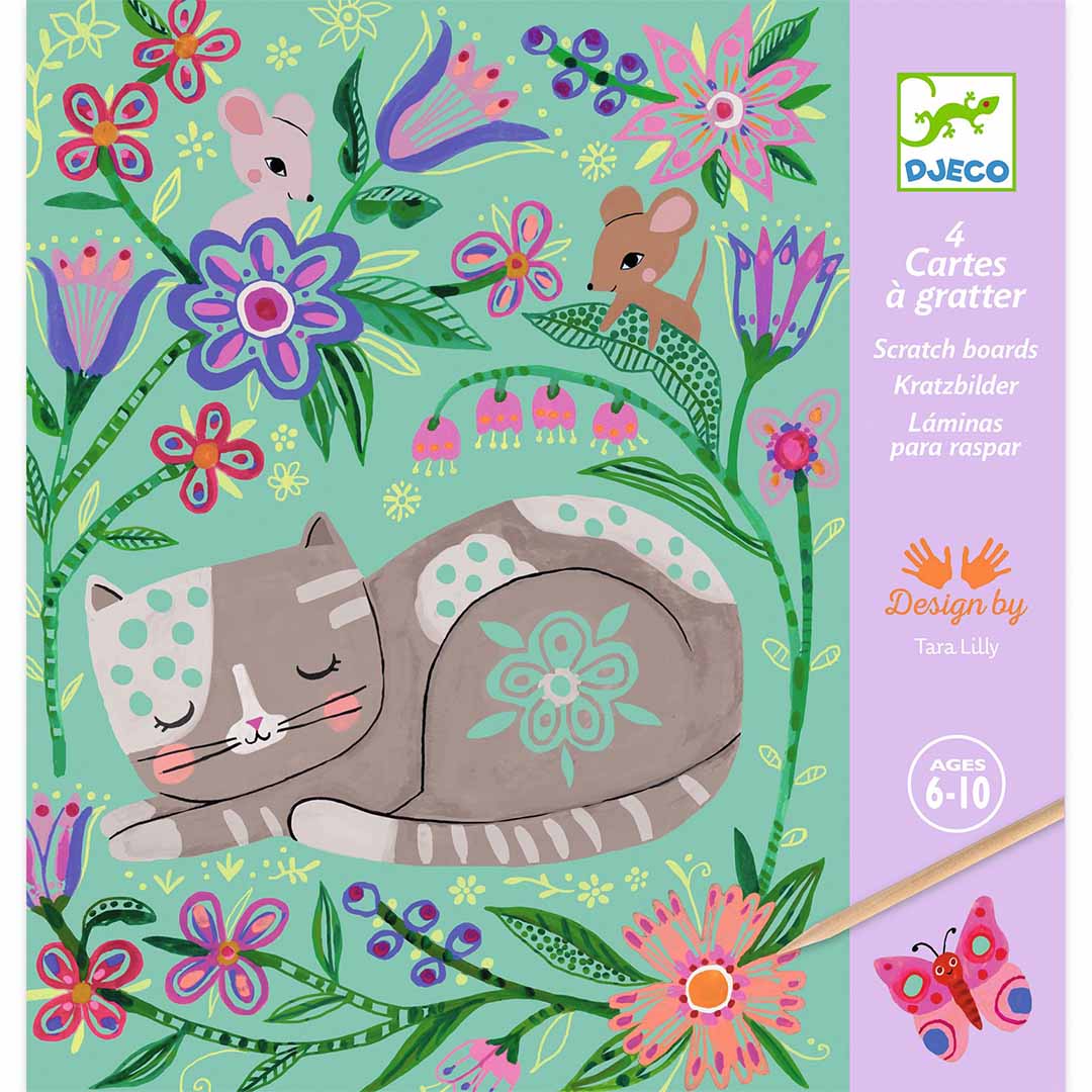 Djeco verpakking van de kraskaarten hobbyset met een slapende kat, muizen en bloemen.