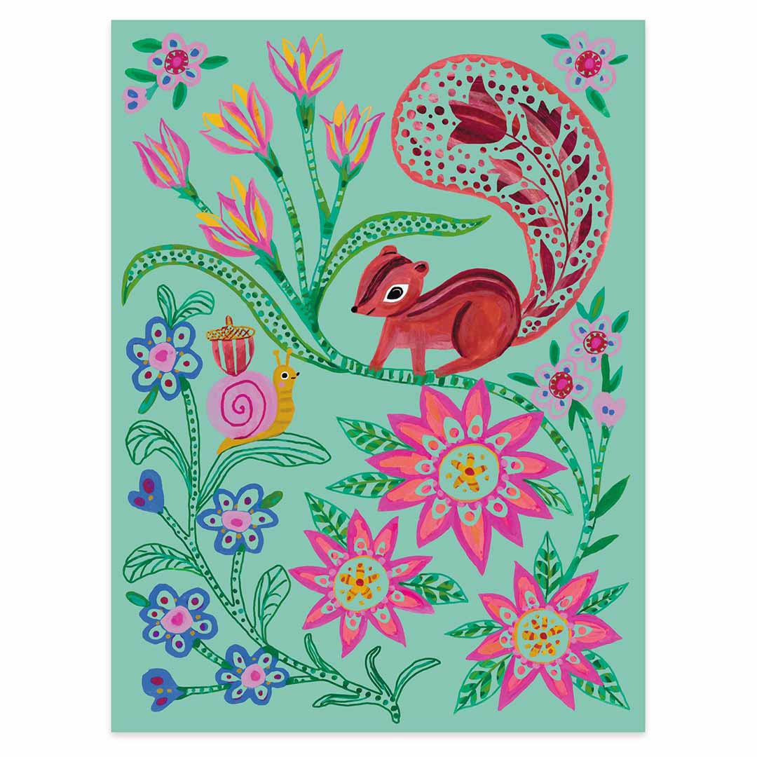 Een voltooide kraskaart met een rode eekhoorn, een slak en kleurrijke bloemen.