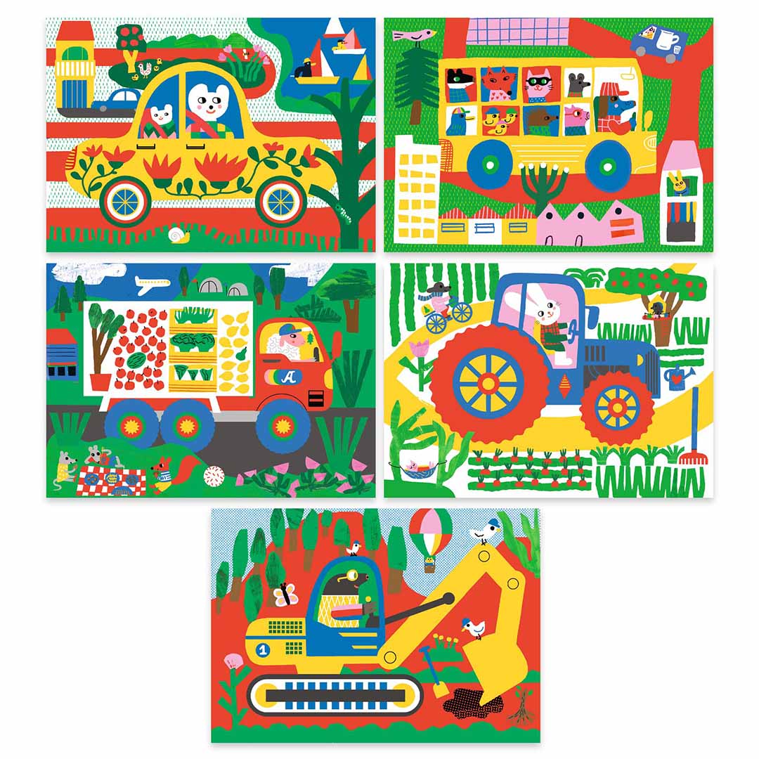 Vijf Djeco kraskaarten met kleurrijke illustraties van voertuigen en dieren, waaronder een auto, bus, vrachtwagen, tractor en graafmachine.