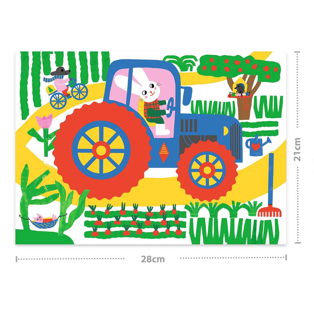 Een Djeco kraskaart met een illustratie van een blauwe tractor met een konijn op een boerderij, met afmetingen 28 bij 21 centimeter.