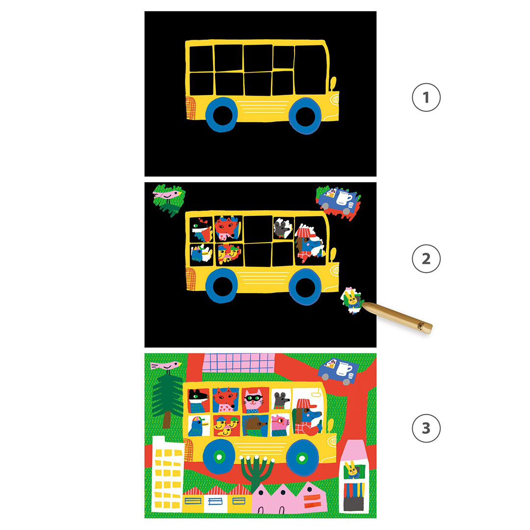 Een infographic die in drie stappen toont hoe de Djeco kraskaarten met een schoolbus en dieren werken.