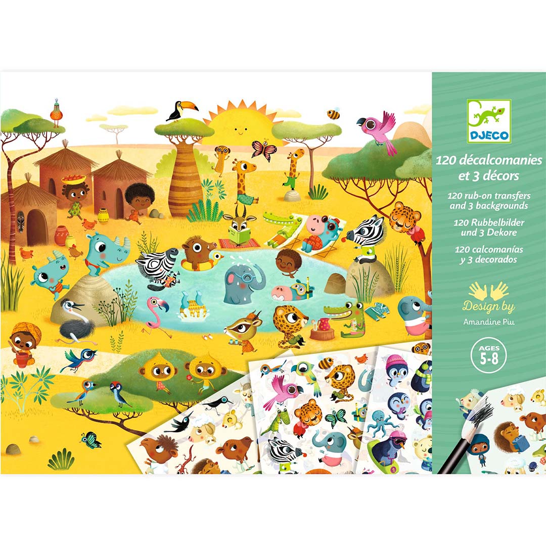 Djeco krasplaatjes set met een savanne achtergrond en vellen vol kleurrijke dieren transfers.