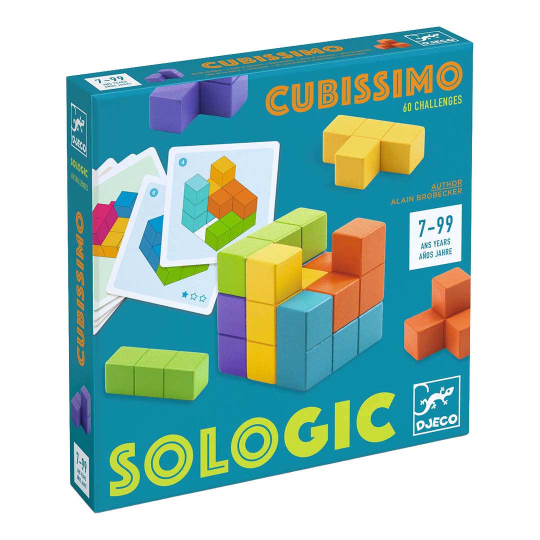Verpakking van het Djeco Cubissimo kubusspel met kleurrijke houten blokken en uitdagingen.