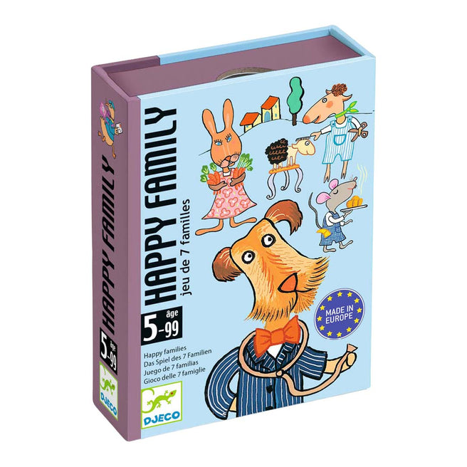 Schuine weergave van de Djeco Happy Family kwartetspel verpakking met vrolijke dierenillustraties.