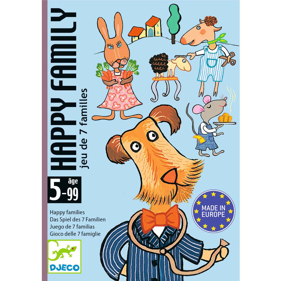 Vooraanzicht van de Djeco Happy Family kwartetspel verpakking met een grote hond en andere dieren.