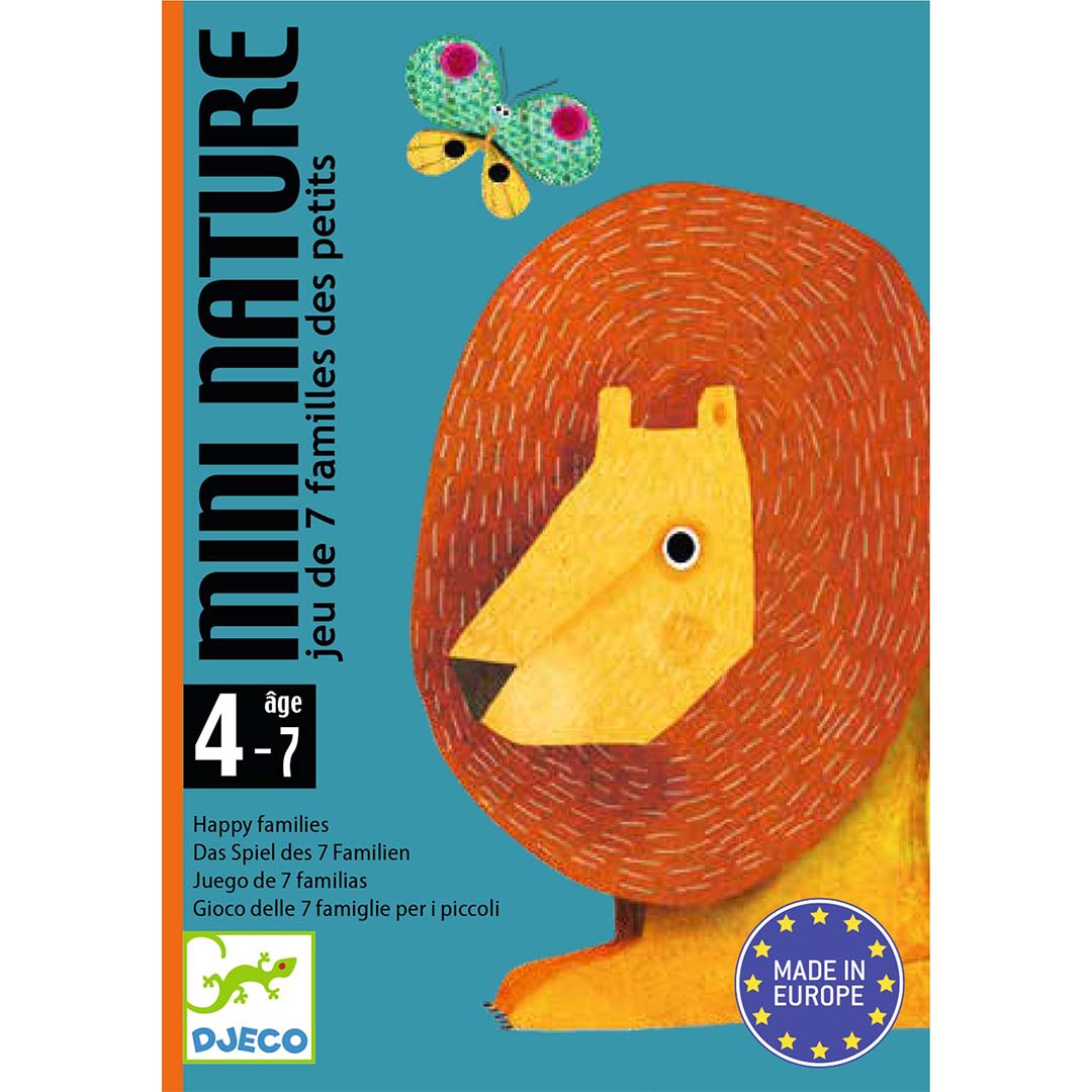 Djeco kwartetspel Mini Nature verpakking met een leeuw en vlinder.