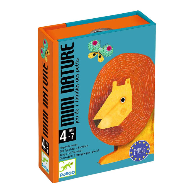 Djeco kwartetspel Mini Nature verpakking met een leeuw en vlinder, schuin van voren gezien.