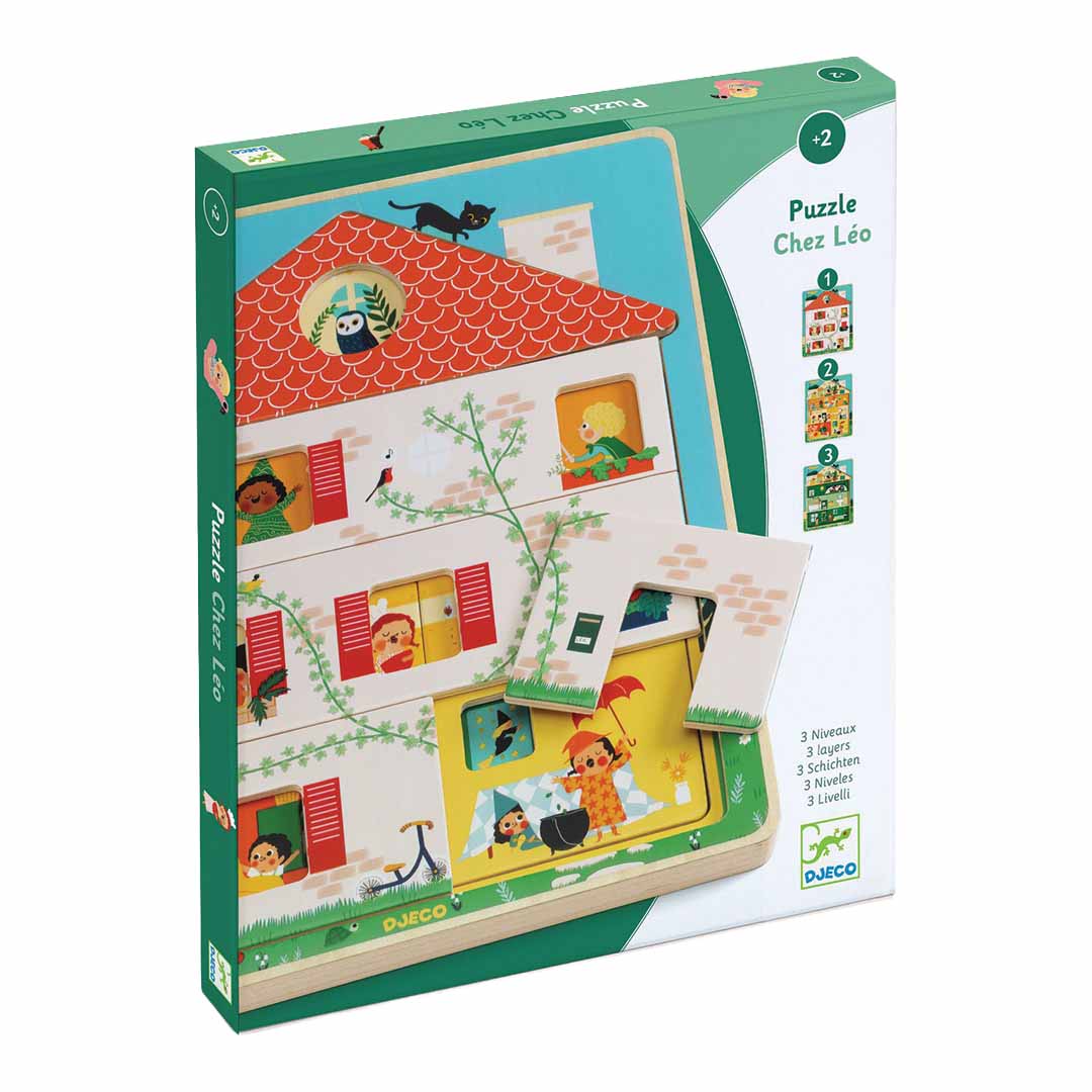 De productverpakking van de Djeco houten laagjespuzzel 'Chez Léo'.