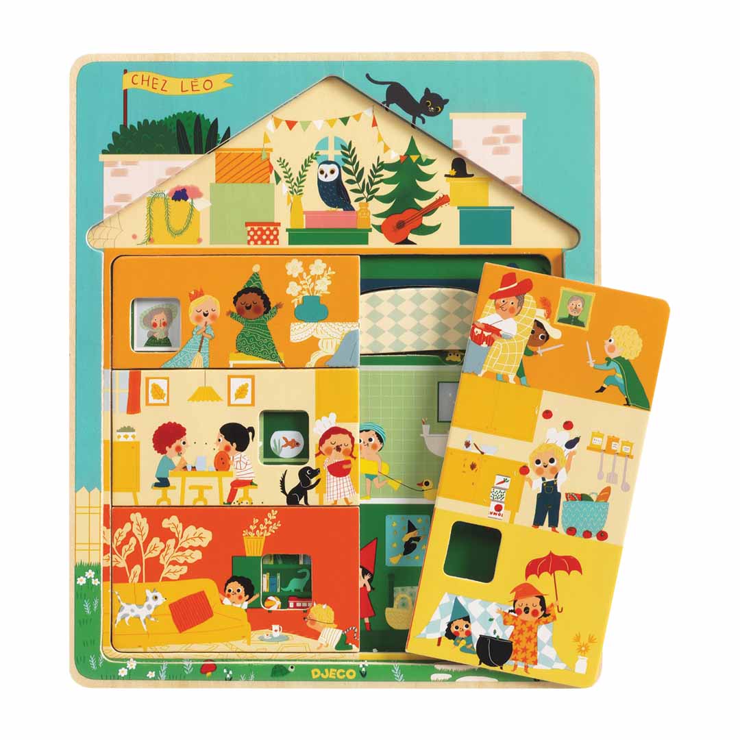 Djeco houten laagjespuzzel van een huis met kinderen en dieren, waarbij een ander puzzelstuk is opgelicht.