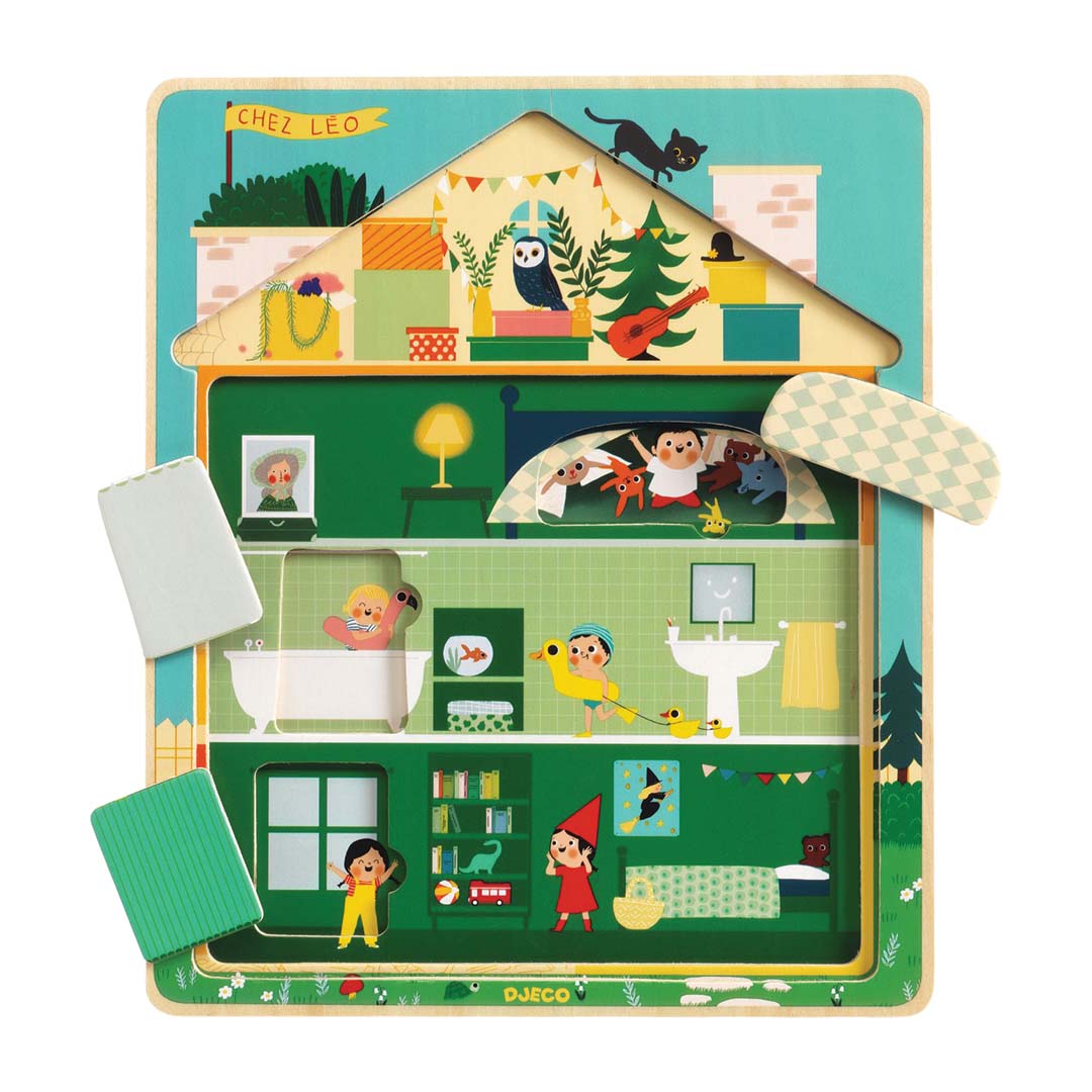 Djeco houten laagjespuzzel van een huis met kinderen en dieren, waarbij meerdere lagen zijn verwijderd.