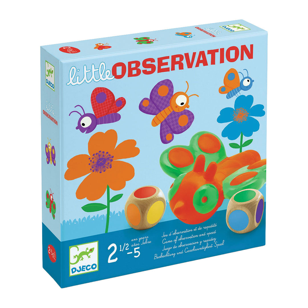 Djeco Little Observation dobbelsteenspel verpakking met kleurrijke vlinders en bloemen.