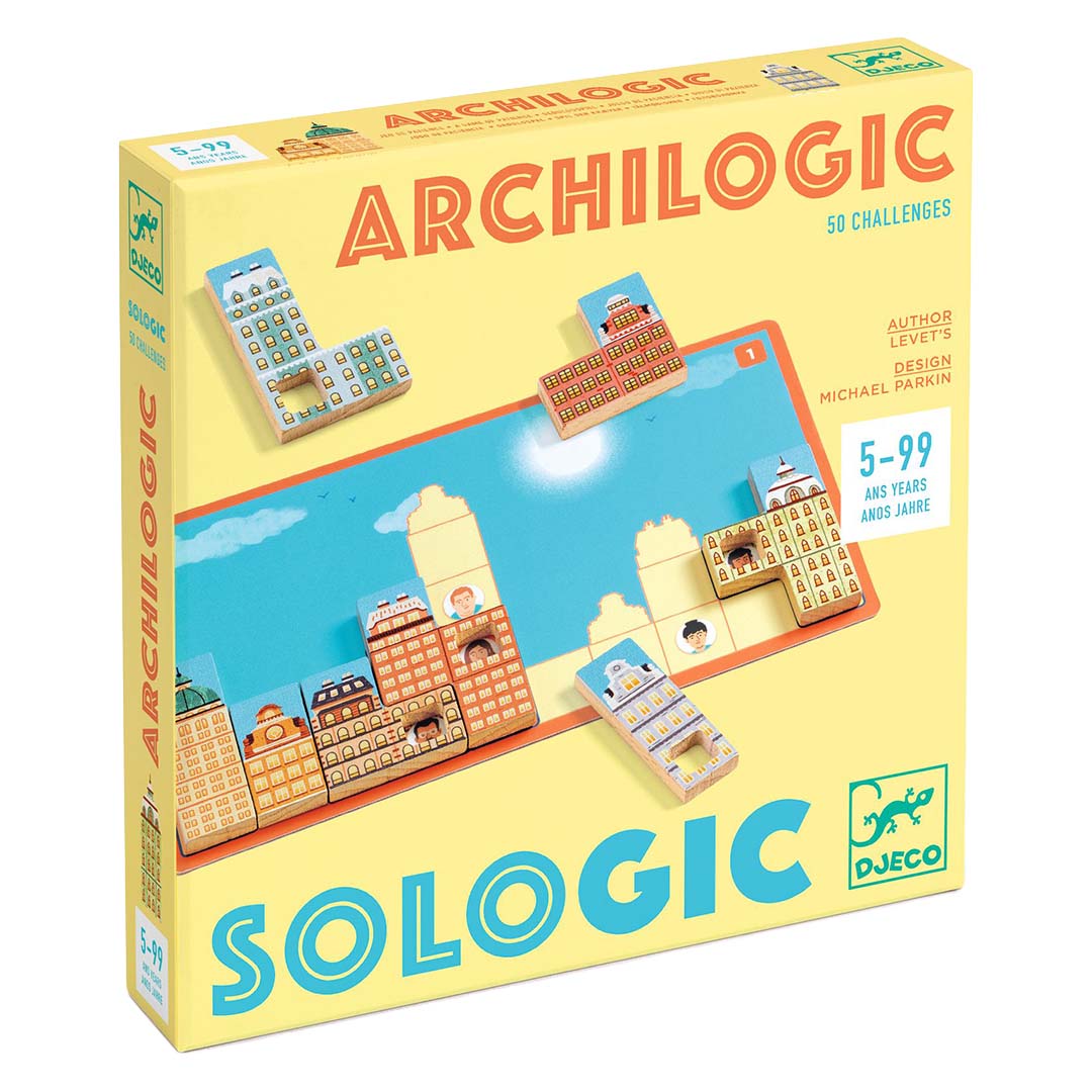 De verpakking van het Djeco Archilogic Sologic logicaspel met een afbeelding van gebouwen op een speelbord.