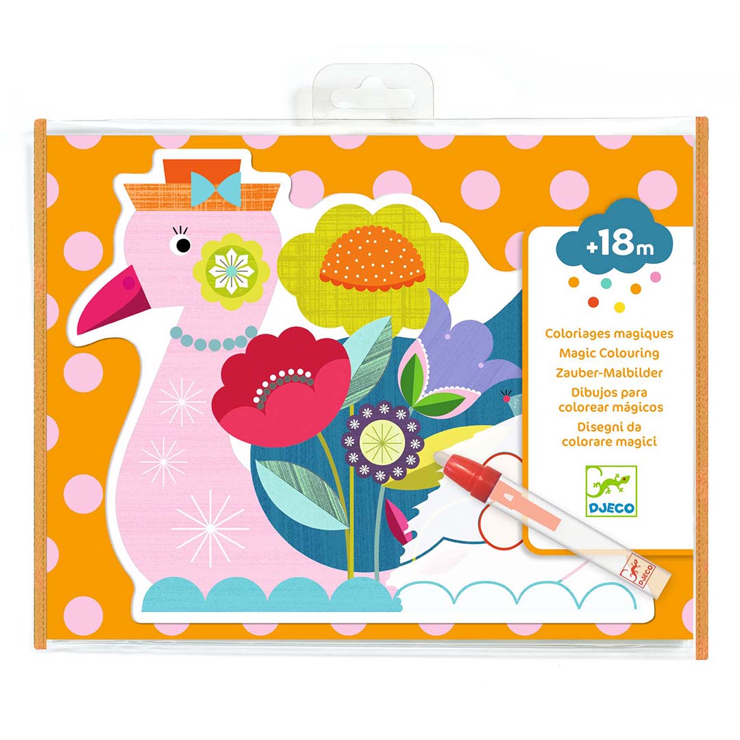 Djeco magische kleurplaten verpakking met een roze zwaan en bloemen op een oranje achtergrond.