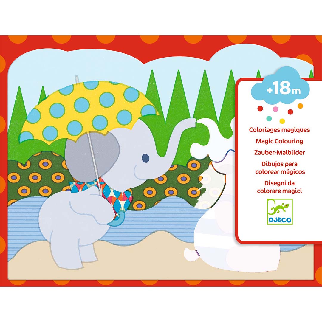 Djeco verpakking van magische kleurplaten met een olifant met een gele paraplu, deels ingekleurd.