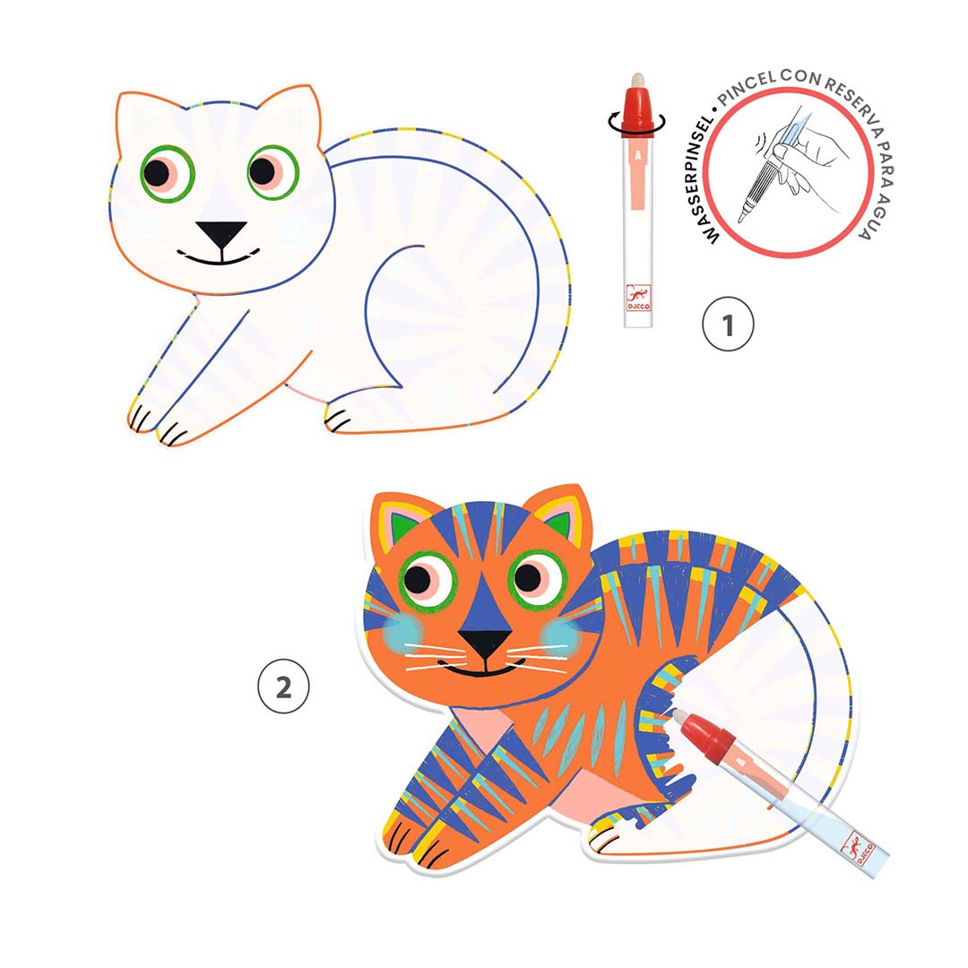 Infographic van Djeco magische kleurplaten die het inkleuren van een kat met een waterpen in twee stappen toont.