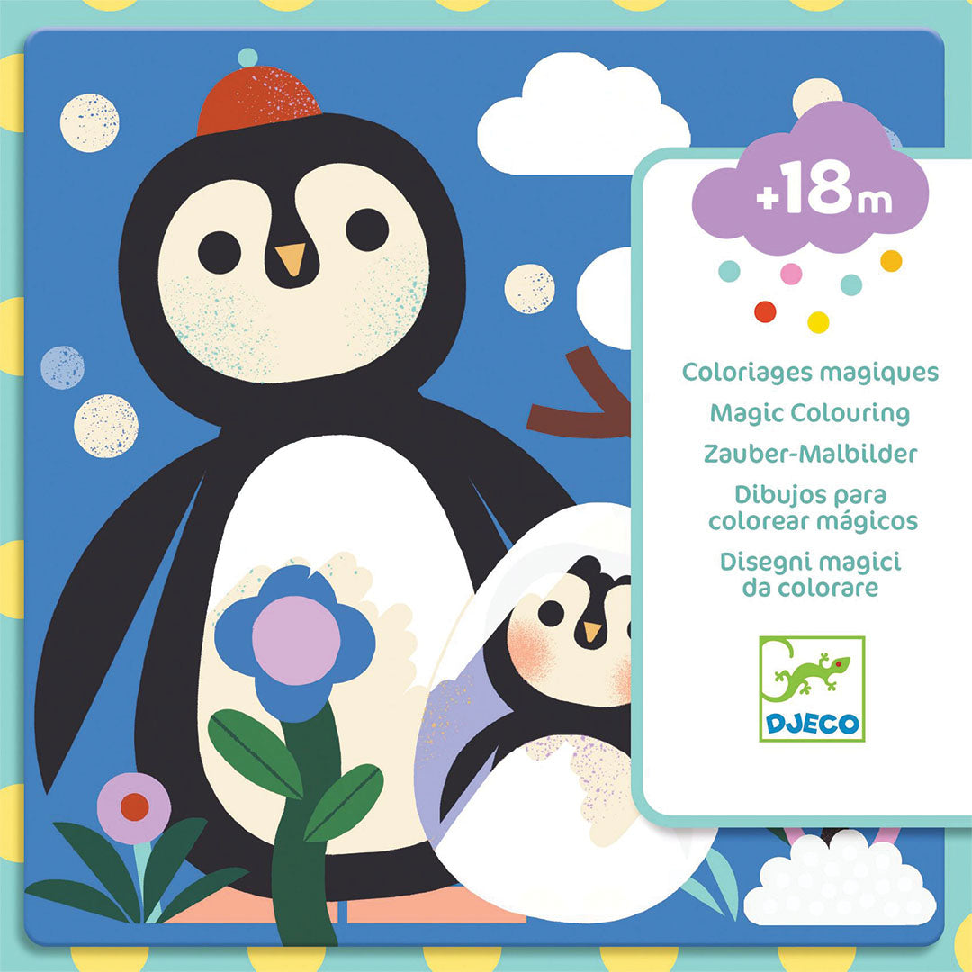 Verpakking van de Djeco magische kleurplaten met een illustratie van een pinguïn en een babypinguïn.