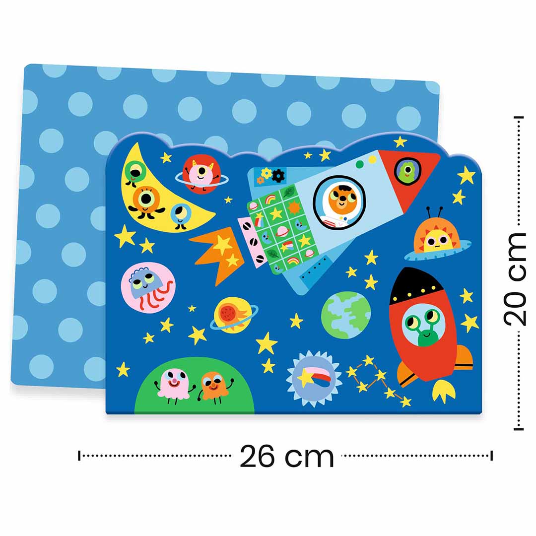 Djeco magische kleurplaat met ruimtevaartthema, inclusief afmetingen van 26 bij 20 cm.