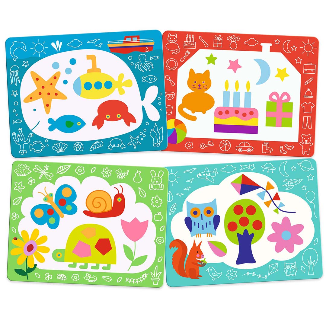 Vier ingekleurde Djeco magische kleurplaten met thema's als onderwaterdieren, feest, vlinders en bosdieren.