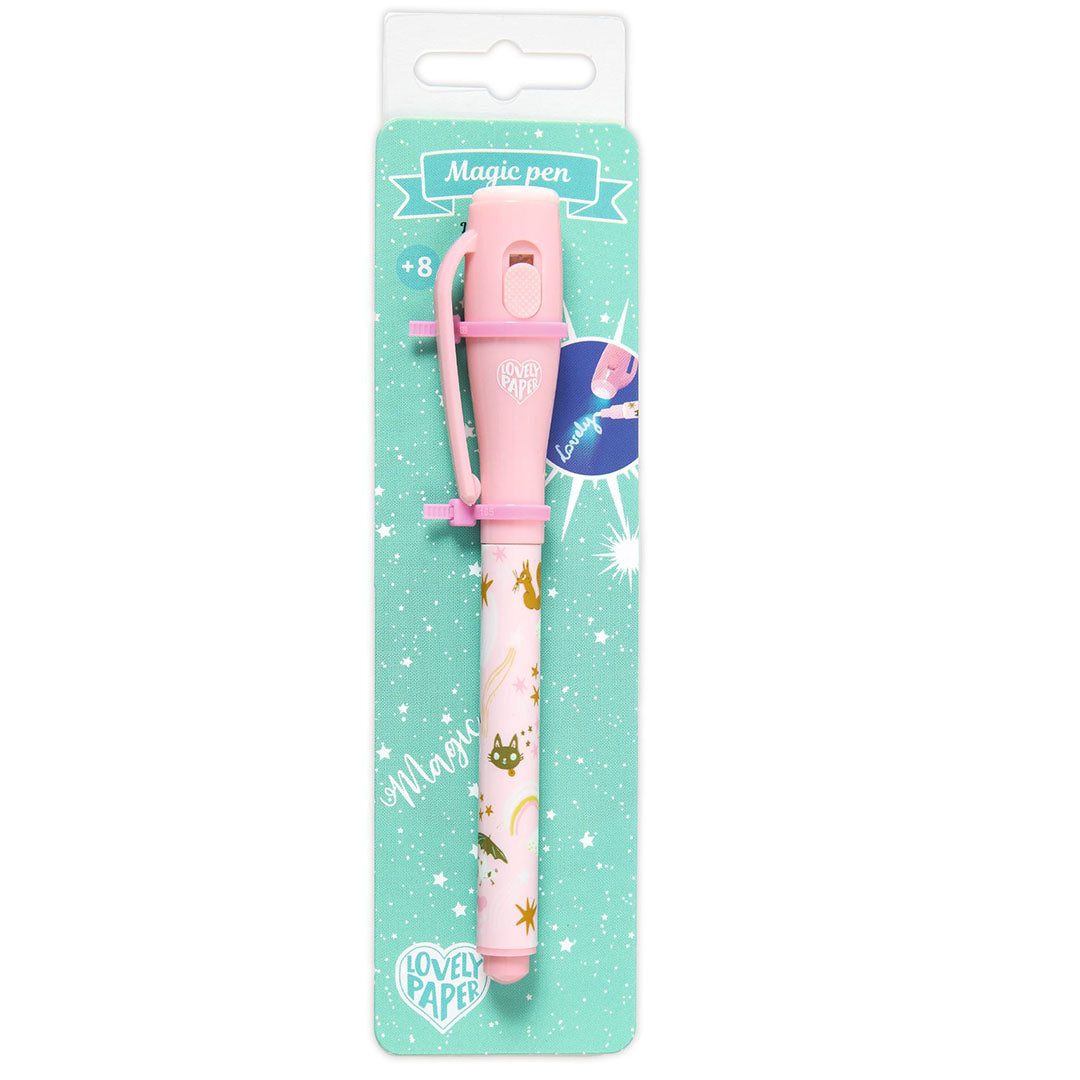 Verpakking van de Djeco magische pen met een roze pen met dieren- en sterrenpatroon.