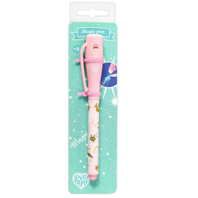 Verpakking van de Djeco magische pen met een roze pen met dieren- en sterrenpatroon.