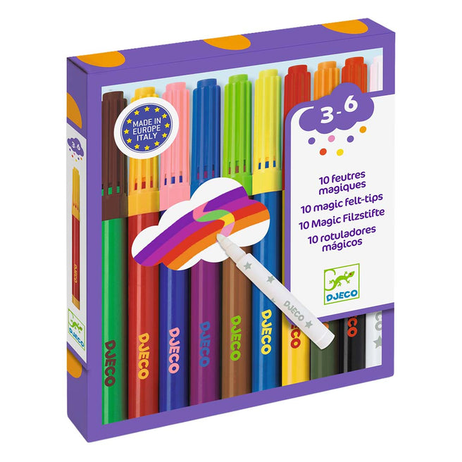 Djeco verpakking met 10 magische viltstiften in diverse kleuren en een witte toverstift.