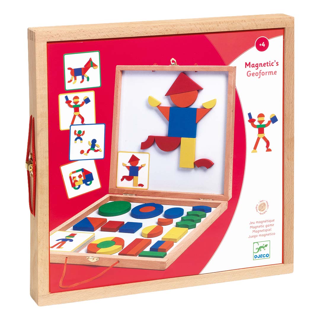De verpakking van de Djeco magnetische tangram puzzel, een houten koffer met daarop de productnaam en voorbeelden van figuren.