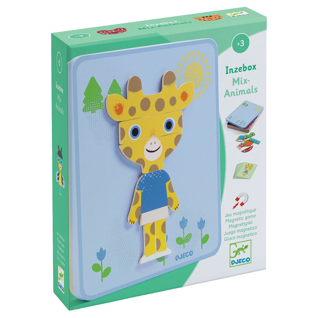 Djeco Inzebox Mix-Animals magnetisch speelgoed in de verpakking, met een magneetgiraf op een blauwe achtergrond.